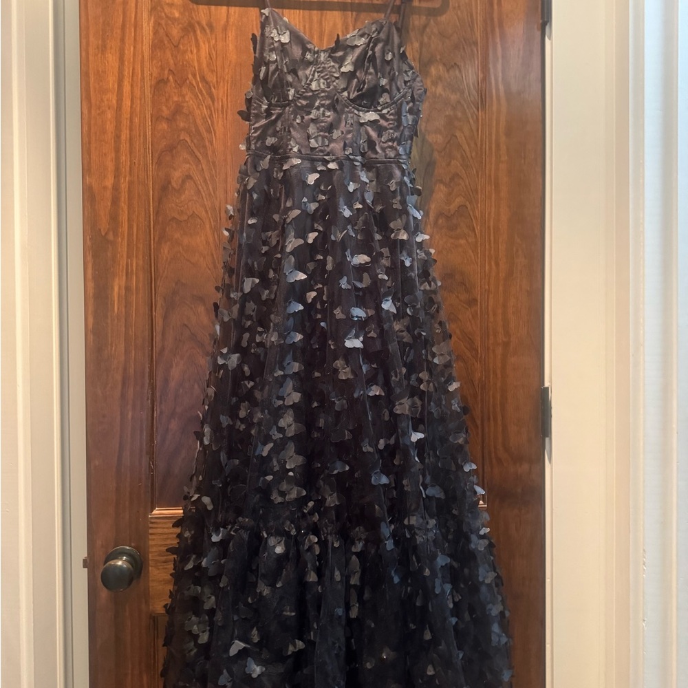Betsy Johnson Elegant Black Gown with butterfly Accents